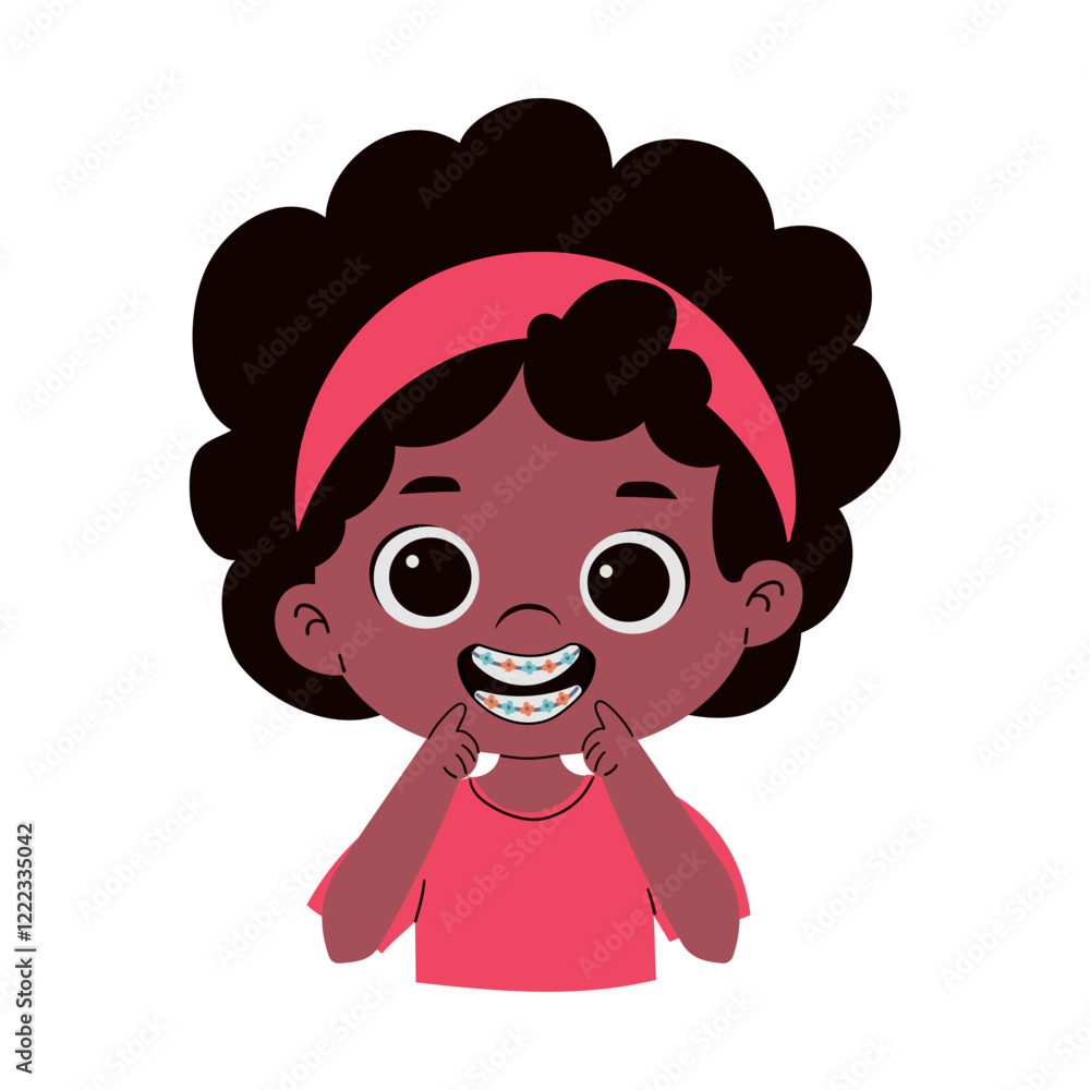 Fototapeta premium Girl showing her smile with dental braces. Attractive girl daily dental care. Hand drawn illustration isolate on white .Vector cartoon illustration.