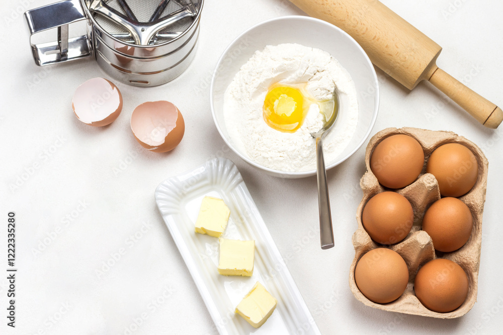 Brown chicken eggs in carton container. Flour, broken egg and spoon in bowl