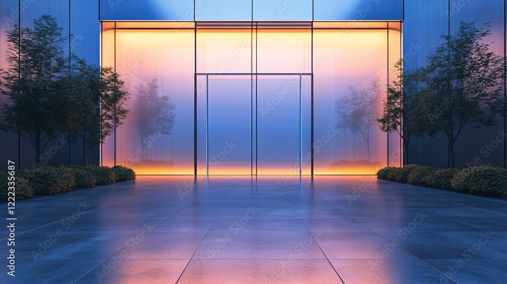 Fototapeta premium Contemporary Building Featuring Expansive Glass Entrance Surrounded by Lush Green Tree Creating a Harmonious Blend of Nature and Modern Architecture in an Urban Environment