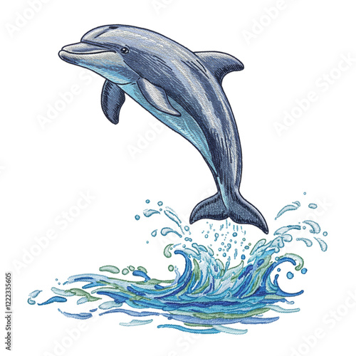 Wallpaper Mural Embroidered Dolphin Leaping Ocean Waves Aquatic Marine Wildlife Nature Design Art Sea Jump Blue Fish Torontodigital.ca