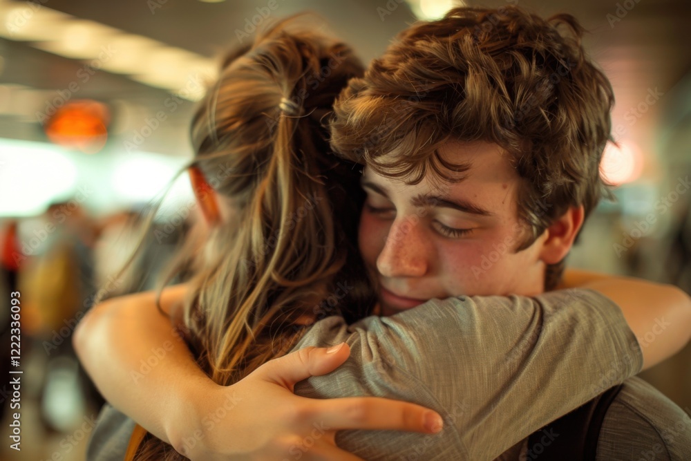 Fototapeta premium Emotional Hug of a Young Couple Reuniting at the Airport