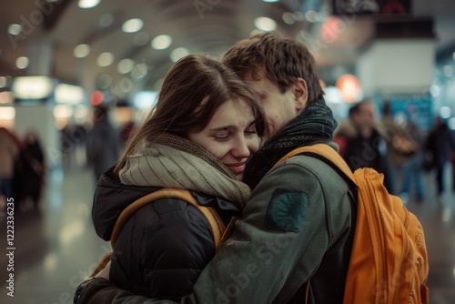 Emotional Hug of a Young Couple Reuniting at the Airport photo