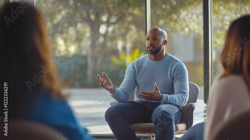A professional social worker engages with individuals in a group setting, fostering open dialogue and emotional support in a welcoming environment. Participants actively listen and share