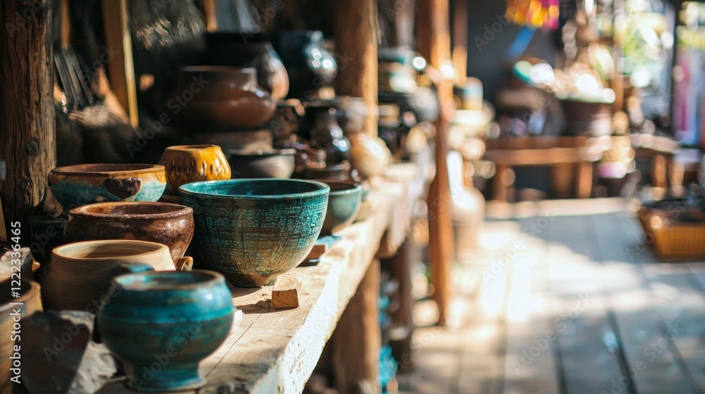 Rustic pottery and ceramic decor on a sunny wooden shelf Rustic pottery and ceramic decor on a sunny wooden shelf