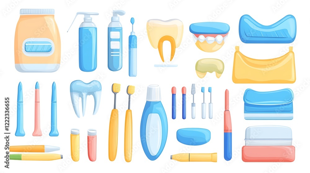 A collection of vector illustrations depicts various dental care items. A collection of vector illustrations depicts various dental care items.