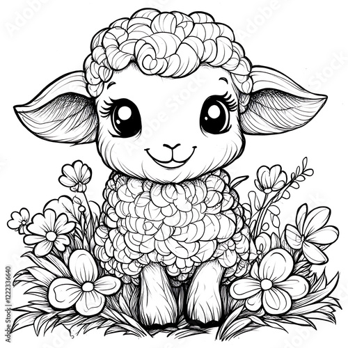 Easy Coloring Page of a Cute Smiling Lamb photo