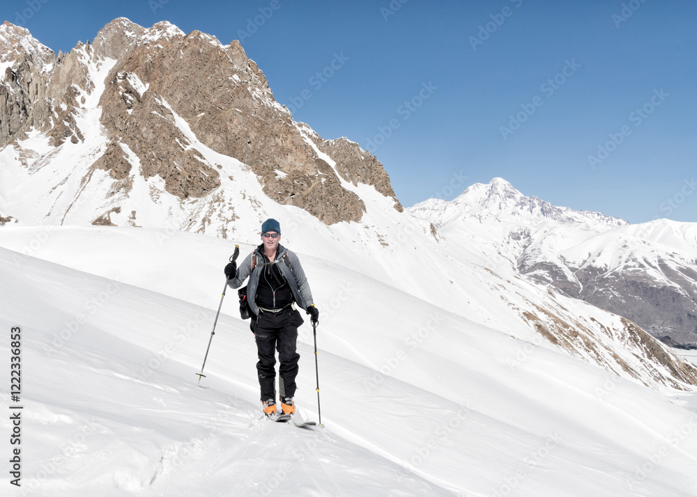 Georgia, Caucasus, Gudauri, man on a ski tour Georgia, Caucasus, Gudauri, man on a ski tour