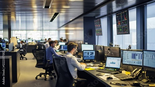 Busy trading floor with professionals analyzing data on multiple screens in a modern office