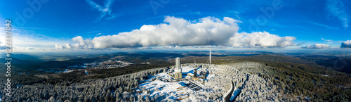 Germany, Hesse, Schmitten, Aerial view of Grosser Feldberg, aerial mast of hr and viewing tower in winter photo