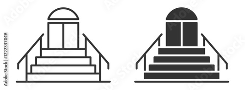 Building entrance with stairs and railing in black and white.