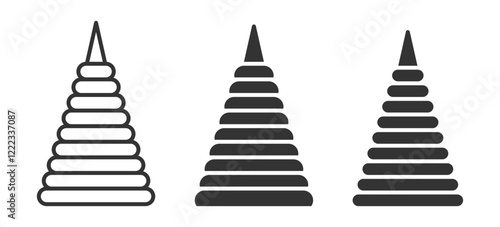 Simple pyramid toy icon with stacking rings in black and white.