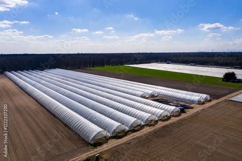 Germany, Hesse, Aerial view of asparagus field with greenhouses photo