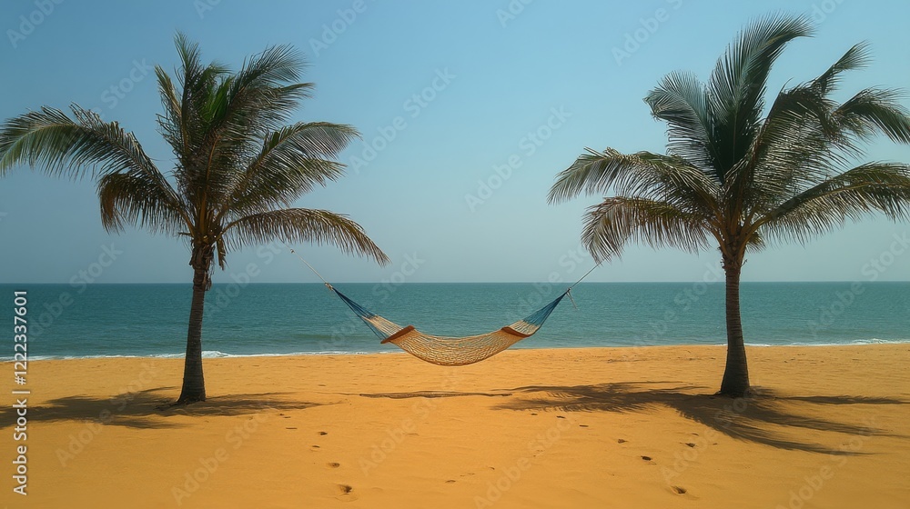 Serene beach hammock between palm trees on tropical shoreline Serene beach hammock between palm trees on tropical shoreline