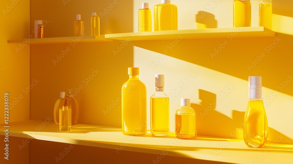 Minimalistic yellow shelf with glass bottles in vibrant lighting Minimalistic yellow shelf with glass bottles in vibrant lighting