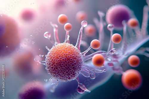 Microscopic macroscopic close view of cells attacked by virus and bacteria science and medical microbiology render illustration