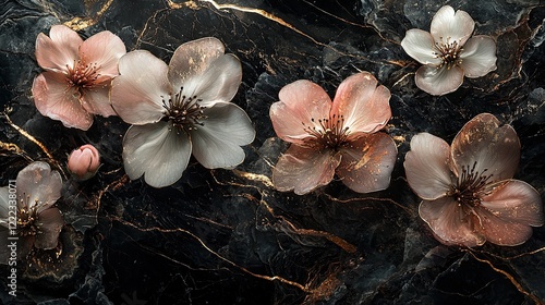 Elegant blossoms with delicate petals on black marble background