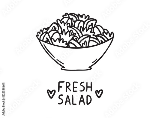 Bowl of salad doodle hand drawn icon. Outline drawing bowl of fresh salad line clipart symbol