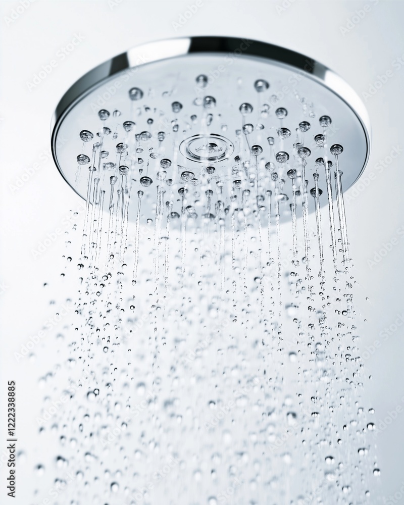 Shower with flowing water and metal showerhead splashing drops in a clean bathroom Shower with flowing water and metal showerhead splashing drops in a clean bathroom