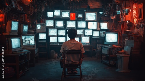 Young boy in vintage room surrounded by multiple retro tvs displaying static screens