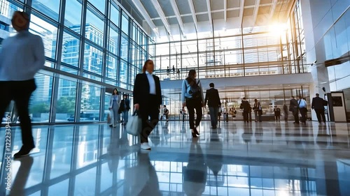 Busy urban office lobby with professionals walking, large glass windows, and modern architecture
