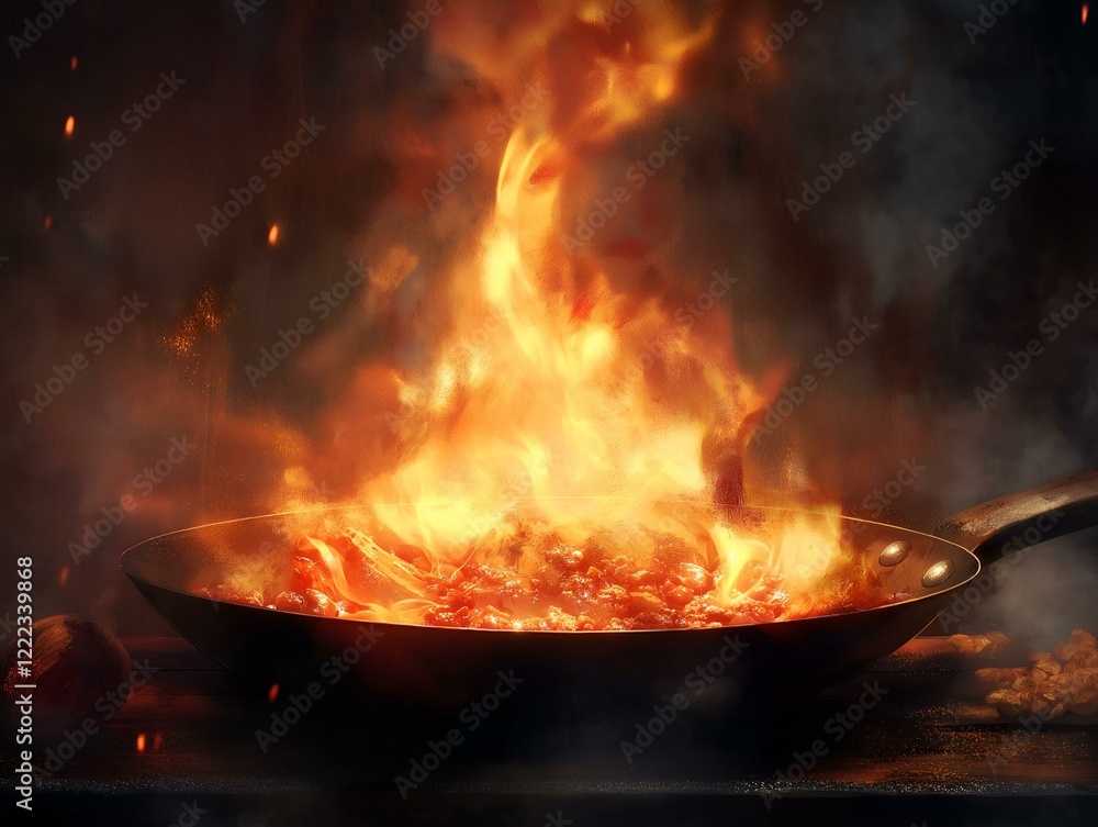 food cooking in a pan, intense flames, dark background, motion blur, culinary scene food cooking in a pan, intense flames, dark background, motion blur, culinary scene