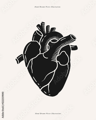 Hand-drawn vector illustration of a human anatomical heart in black on a light background, ideal for medical designs, educational materials, tattoos, or creative projects.