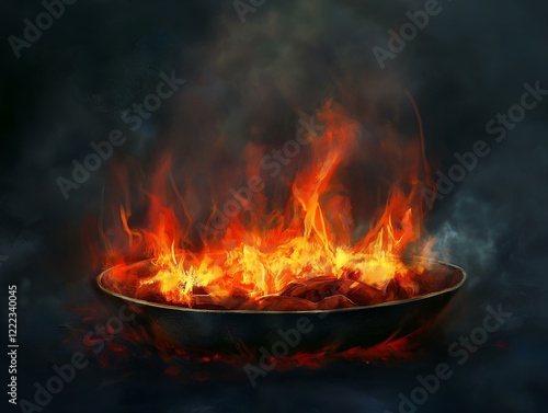 Wallpaper Mural food cooking in a pan, intense flames, dark background, motion blur, culinary scene Torontodigital.ca