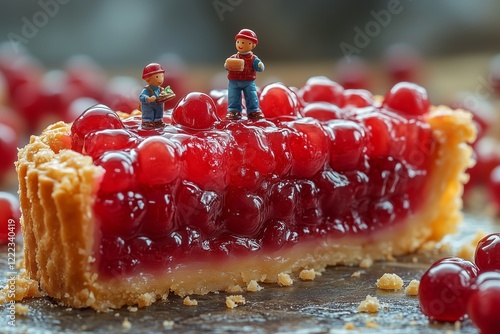 Miniature Scenery of a Miniature Figurines on Cherry Pie with Whipped Cream for National Cherry Pie Day photo