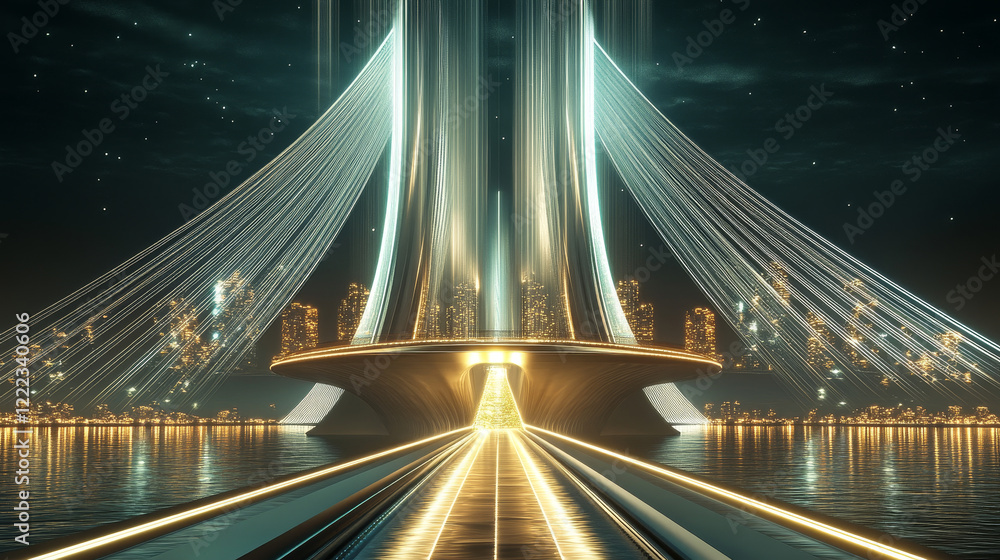 Obraz premium Neon city light and speed bridge road above sea. Cityscape with water landscape. Motion line on highway in metaverse. Speedway laser track movement to futuristic bright urban skyline illustration.