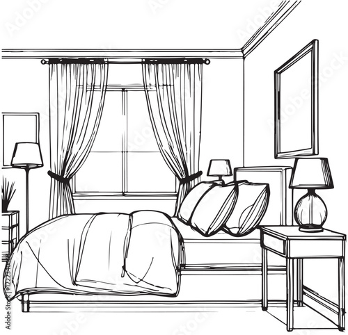 Bedroom sketch. Hand drawn home interior