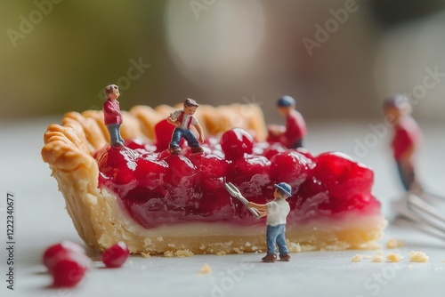 Miniature Scenery of a Miniature Figurines on Cherry Pie with Whipped Cream for National Cherry Pie Day photo