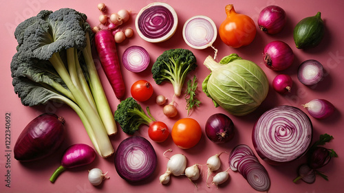 Vegetables on pink flat lay background, top view. Organic vegetables like onions, beetroots, broccoli. Vegan diet photo