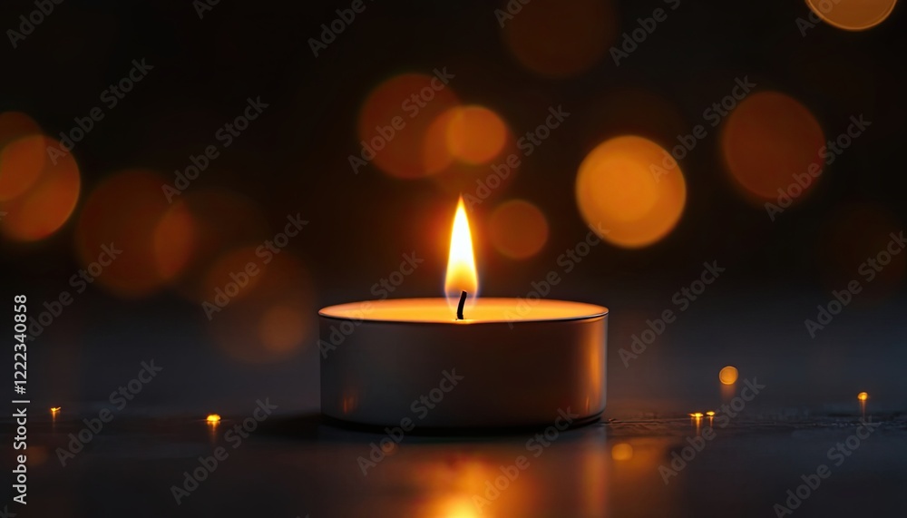 Warm glow of tealight candle with soft bokeh background in dimly lit setting Warm glow of tealight candle with soft bokeh background in dimly lit setting