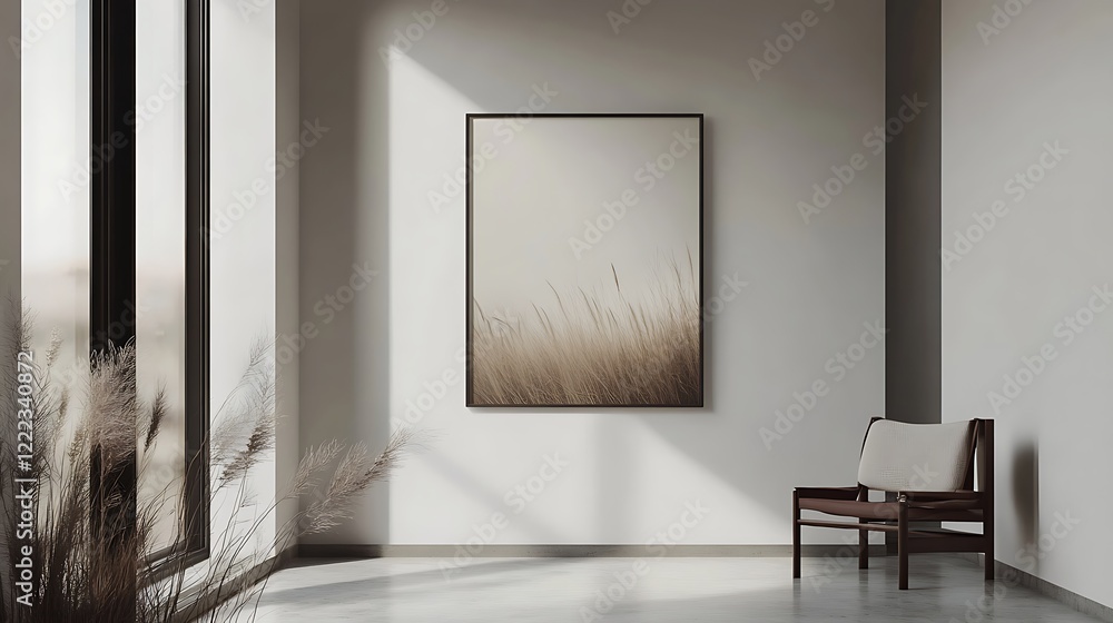 Fototapeta premium Empty wall with bench vase and frame in minimalist design arrangement