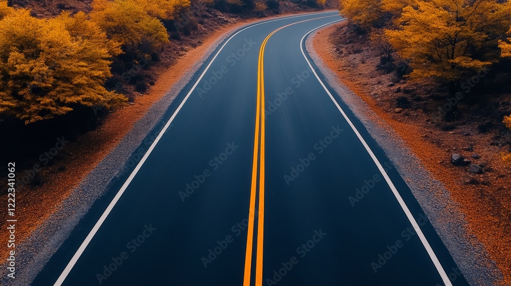 Road with a yellow line down the middle. The road is empty and the trees are orange Road with a yellow line down the middle. The road is empty and the trees are orange
