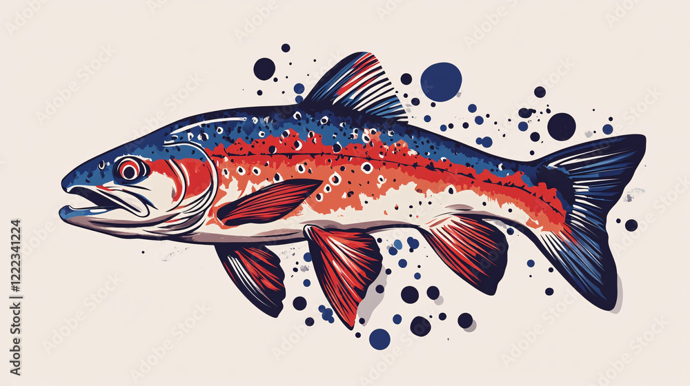 Fototapeta premium A colorful and detailed artistic fish illustration with red blue and white hues surrounded by abstract dots and splashes on a light background 