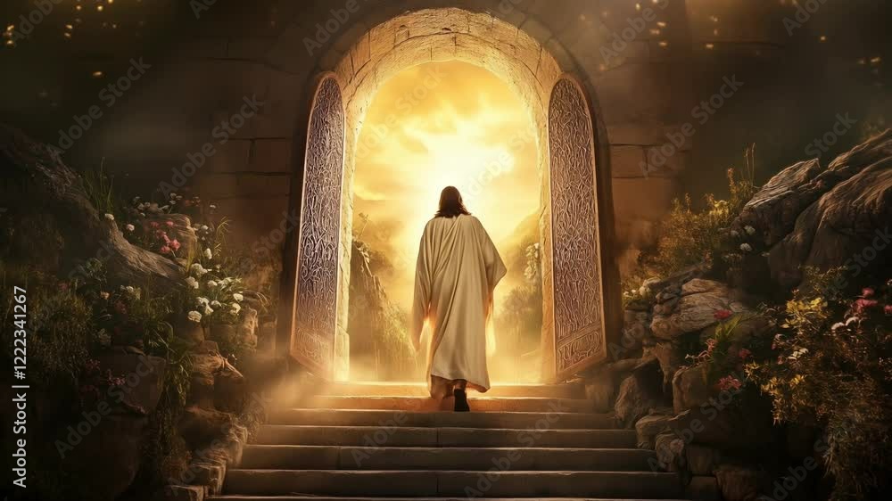 The Christ ascends stone steps toward a luminous archway filled with light. Surrounding greenery and flowers create a serene atmosphere of hope and tranquility. The Christ ascends stone steps toward a luminous archway filled with light. Surrounding greenery and flowers create a serene atmosphere of hope and tranquility.
