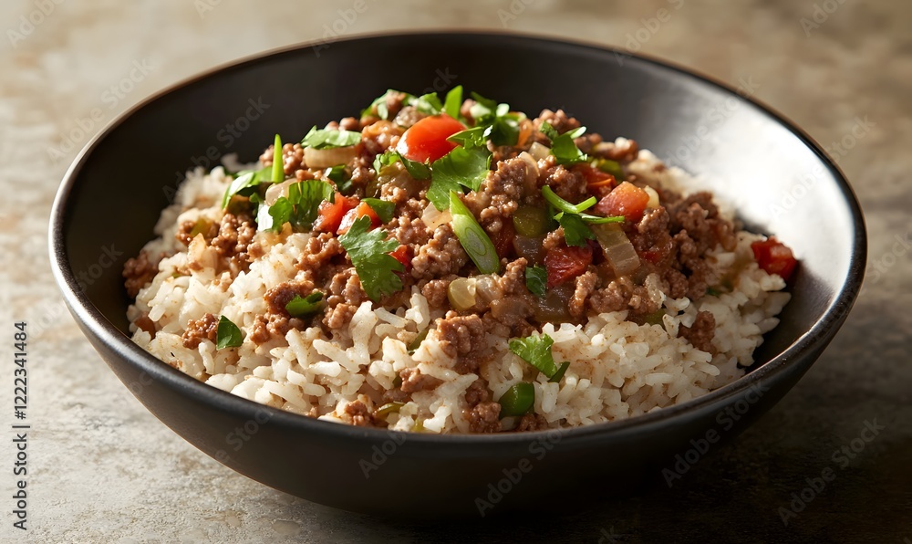 The dish includes fluffy, long-grain white rice evenly mixed with seasoned ground beef, Generative AI The dish includes fluffy, long-grain white rice evenly mixed with seasoned ground beef, Generative AI