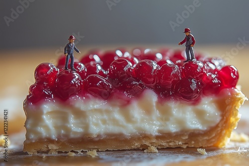 Miniature Scenery of a Miniature Figurines on Cherry Pie with Whipped Cream for National Cherry Pie Day photo