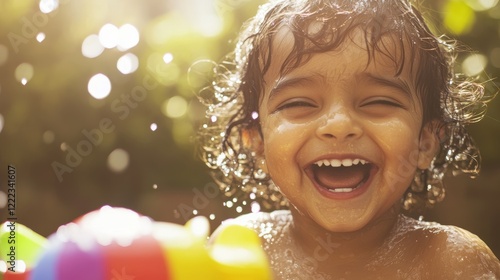 Joyful Child Playing with Water in Sunlit Garden