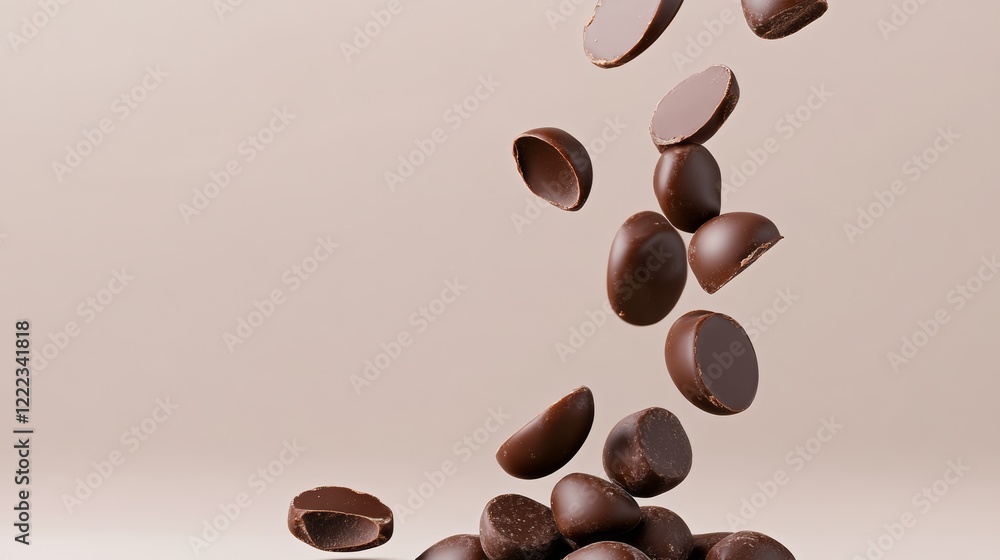 Obraz premium Pile of chocolate pieces with some of them missing. Concept of indulgence and enjoyment, as the chocolate pieces are scattered and falling