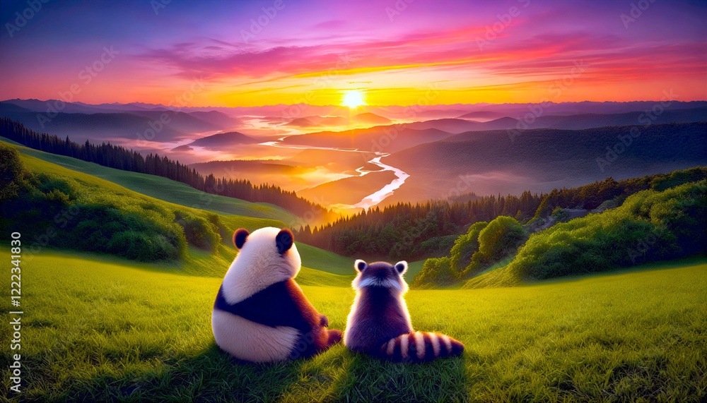 Fototapeta Eternal Companions. A panda and a raccoon sit atop a lush hill, gazing at a golden river winding through the mountains, as the sunset paints the sky with wonder hues of pece, reflection and friendship
