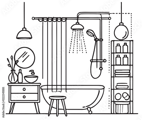 line drawing small bathroom .Modern design,vector,sketch, illustration