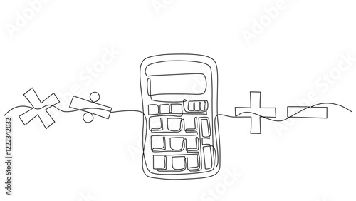 Continuous one line drawing of calculator with arithmetic symbols for calculation, problem-solving, and mathematical concepts. Minimalist, modern design for education or finance theme, Editable stroke