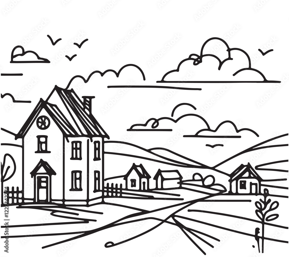 Fototapeta premium Line sketch, hand drawn village landscape, small black abstract house