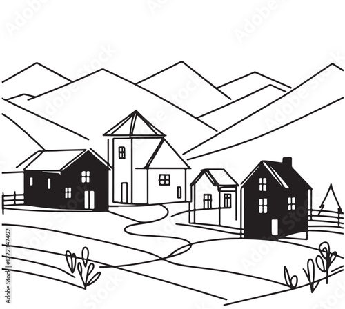 line sketch, hand drawn village landscape, small black abstract house in mountain