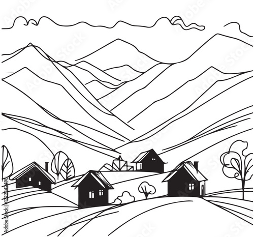 line sketch, hand drawn village landscape, small black abstract house in mountain