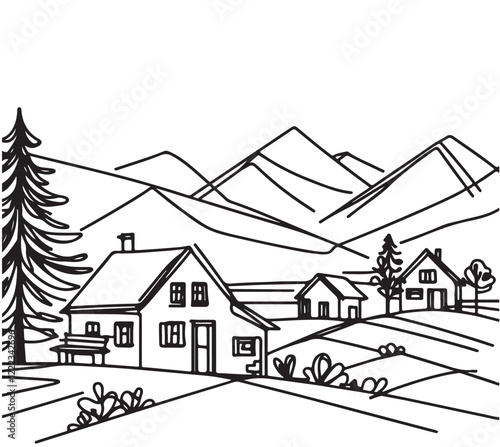 line sketch, hand drawn village landscape, small black abstract house in mountain