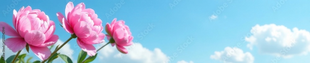 Obraz premium Pink peony flowers against a clear blue sky with clouds, flowers, peony, flower