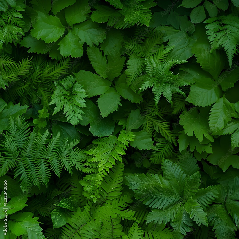 Lush Green Ferns and Leaves Creating a Dense Nature Background Lush Green Ferns and Leaves Creating a Dense Nature Background